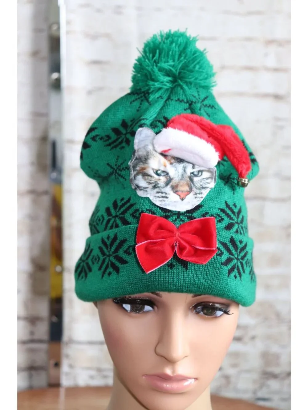 Christmas Cat Beanie With LED Lights & Bow Green Knit